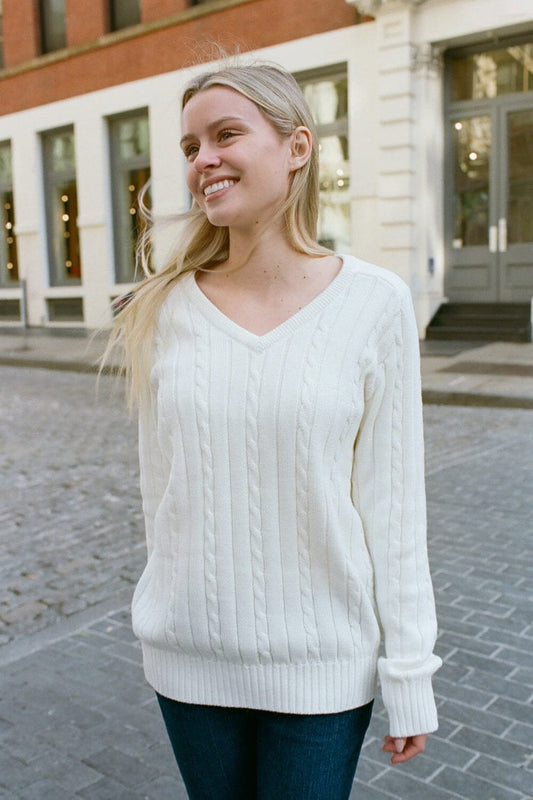 Ida Cotton Cable Knit V-Neck Sweater - Brandy Melville Best Seller